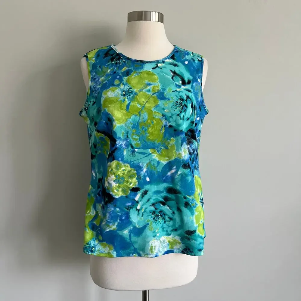 Kasper Sleeveless Blouse Shell Blue Green Floral Work Wear Small - Picture 1 of 6